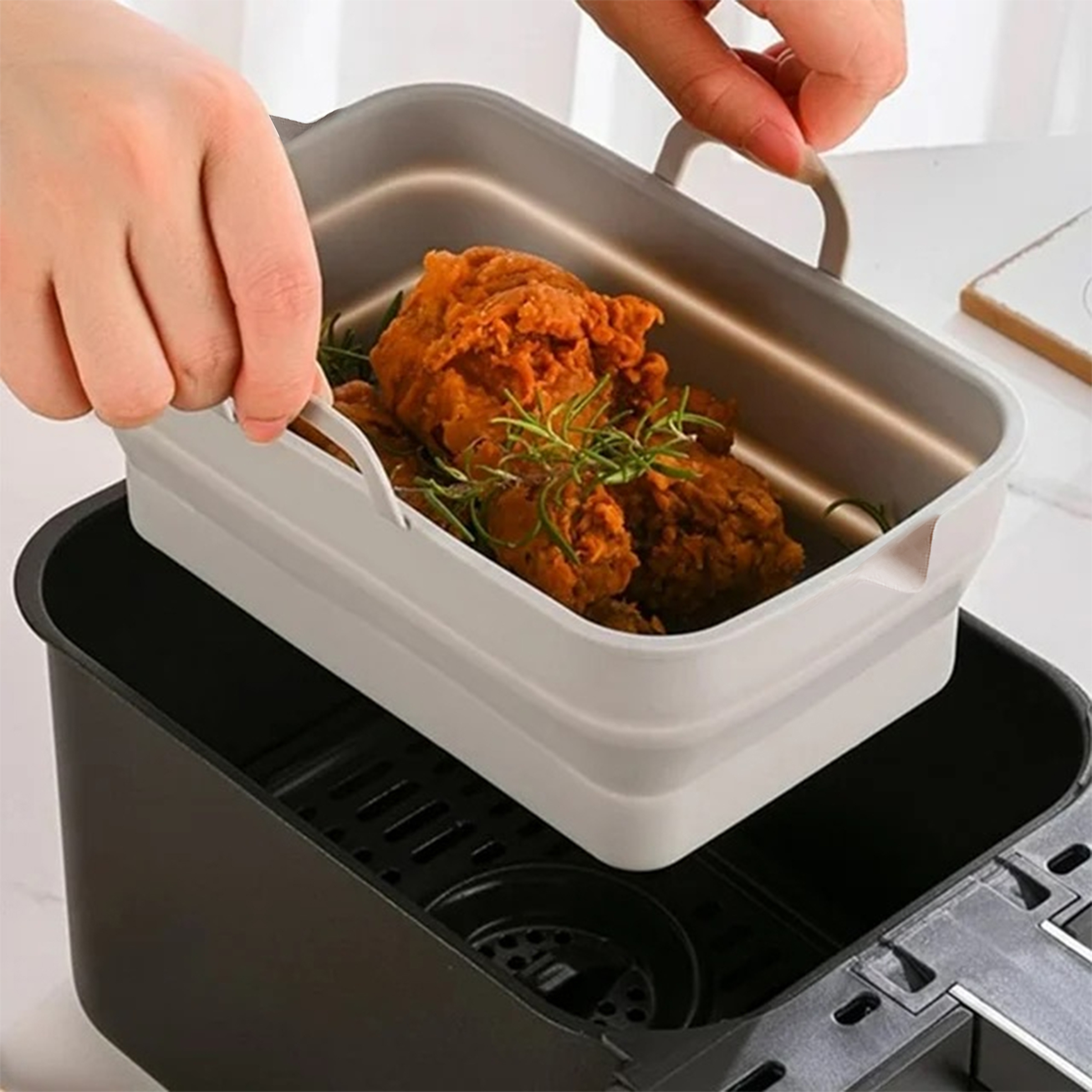 Rectangular Collapsible Silicone Air Fryer Tray with Handles