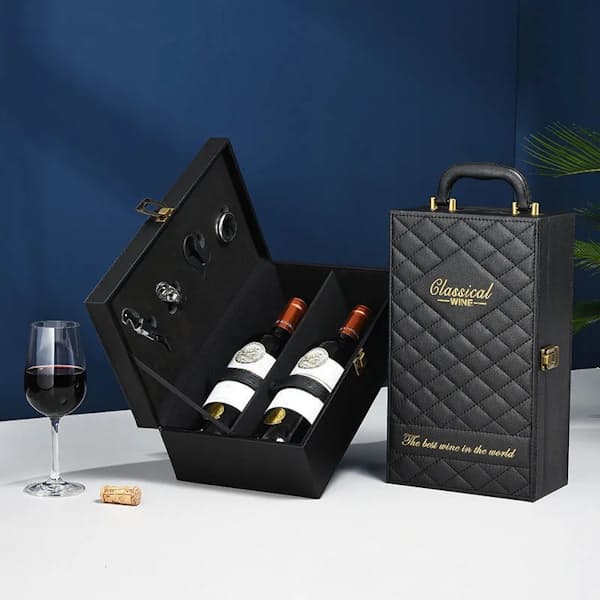 2-Bottle PU Leather Wine Carrier Case with 4-Piece Accessories Set