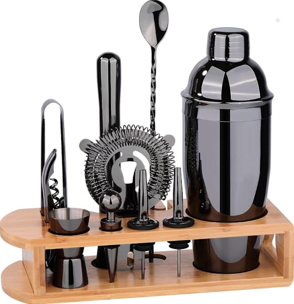 11-Piece Cocktail Shaker Set and Wooden Base