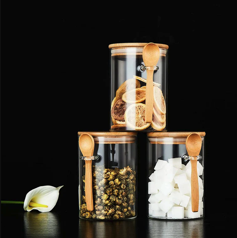 3x 510ml Glass Storage Jars with Airtight Bamboo Lids and Spoons