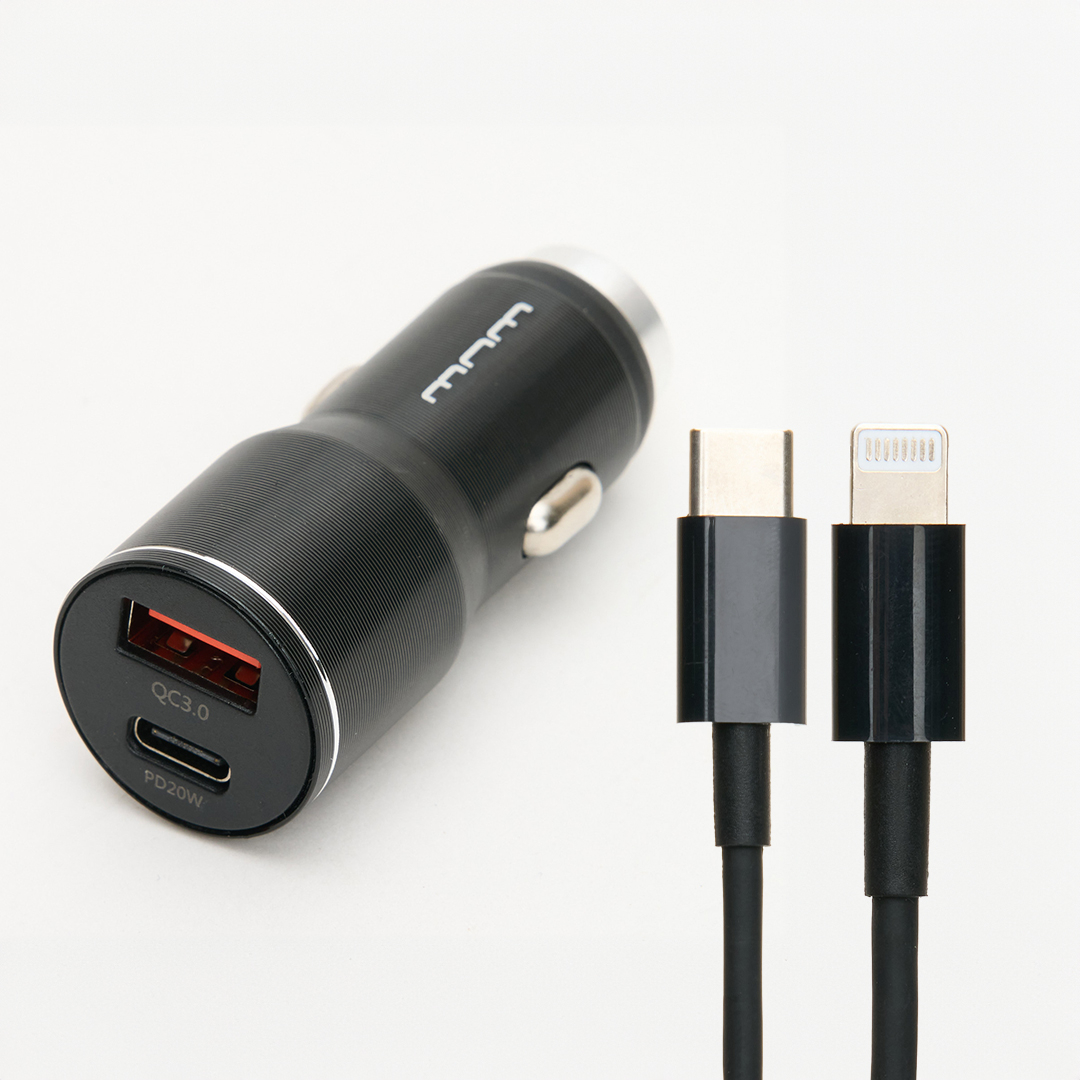 2-Port PD 20W Car Charger with Type C to Lighting Cable