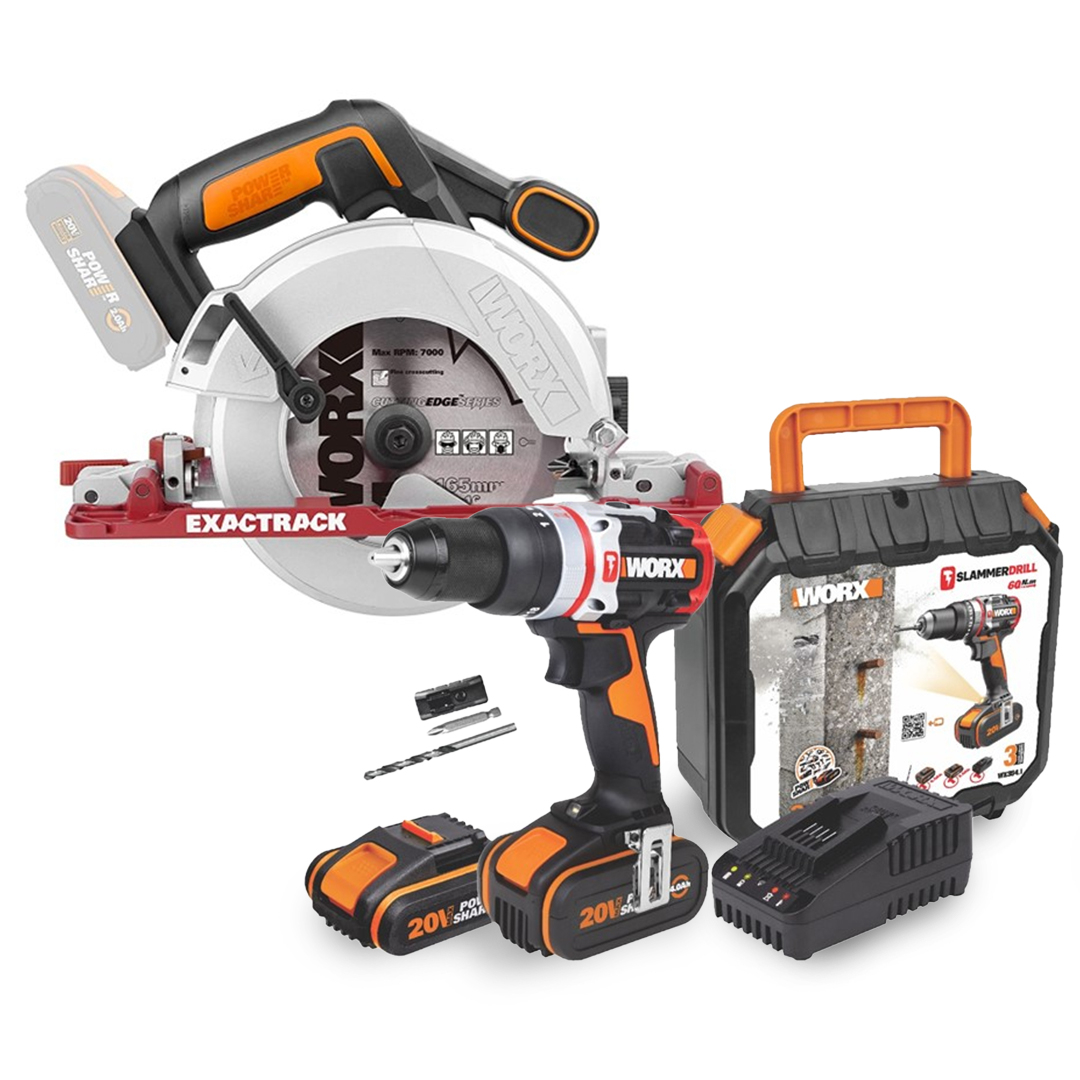 20V Slammer 3-in-1 Brushless Hammer Drill & 20V Exactrack Circular Cordless Saw Combo