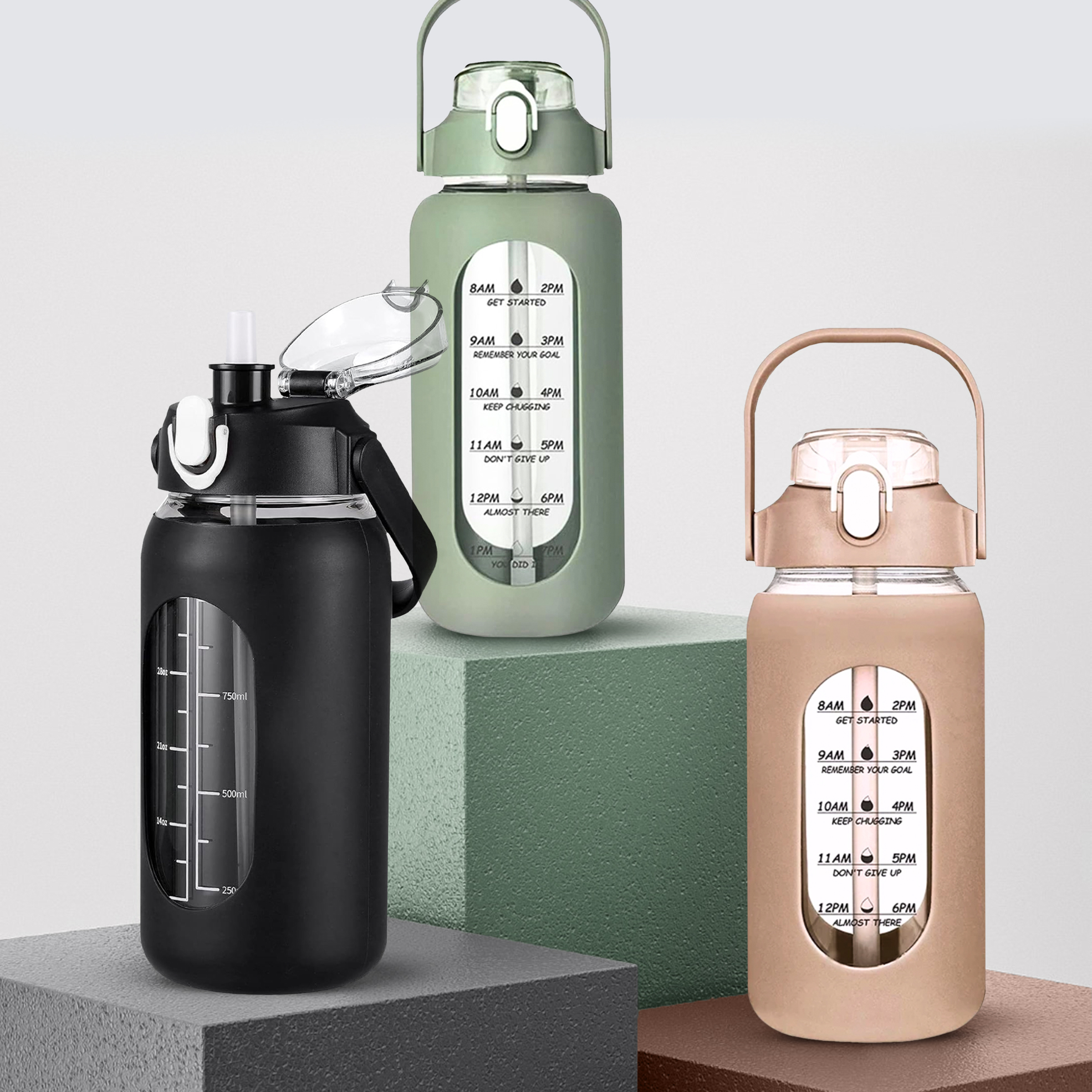 Leak-Proof Glass Motivational Water Bottle with Straw