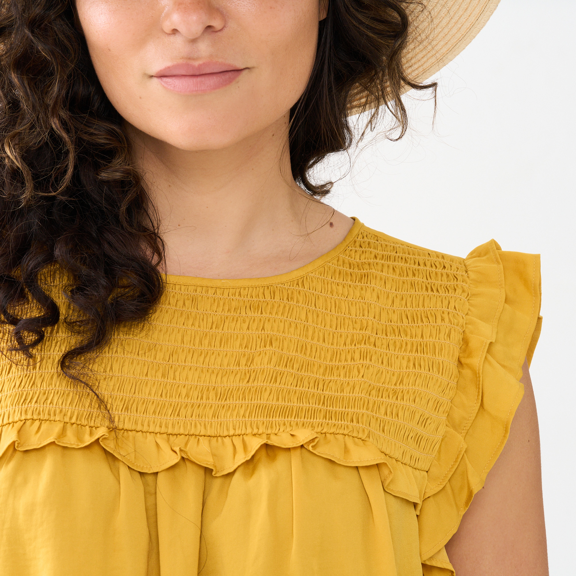 mustard ruffle blouse