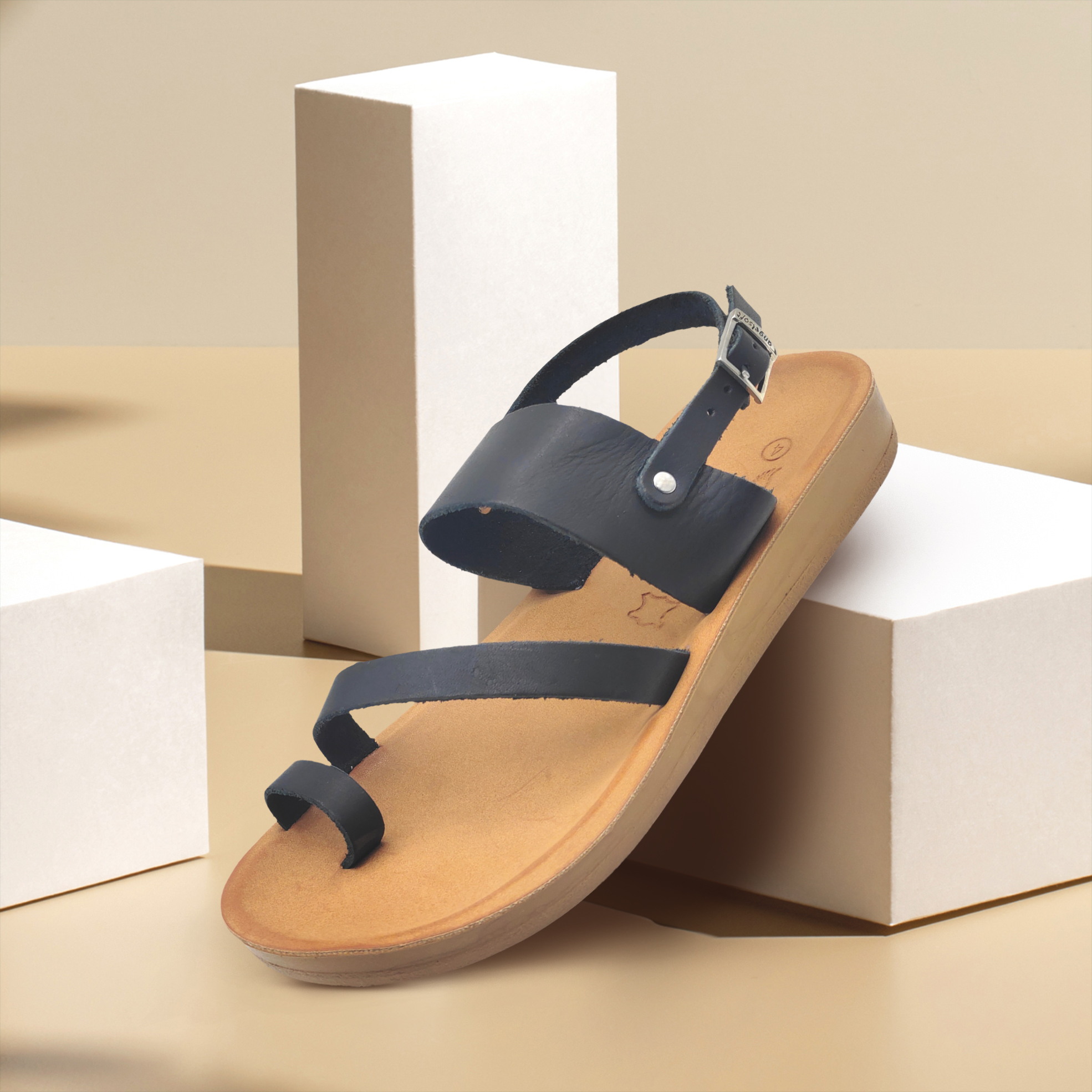 Ladies Genuine Leather Black Megan Strap Sandals