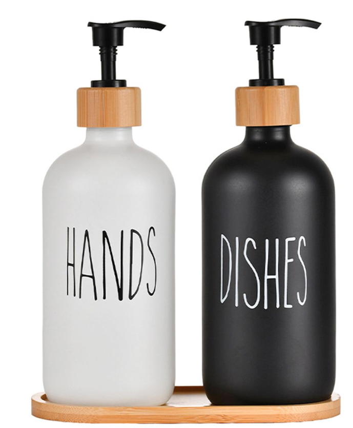 2x 3-Piece Glass Soap Dispensers with Bamboo Trays