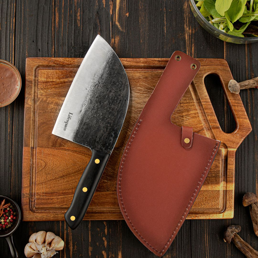 Hammer Forged Full Tang Butcher Cleaver With Leather Sheath