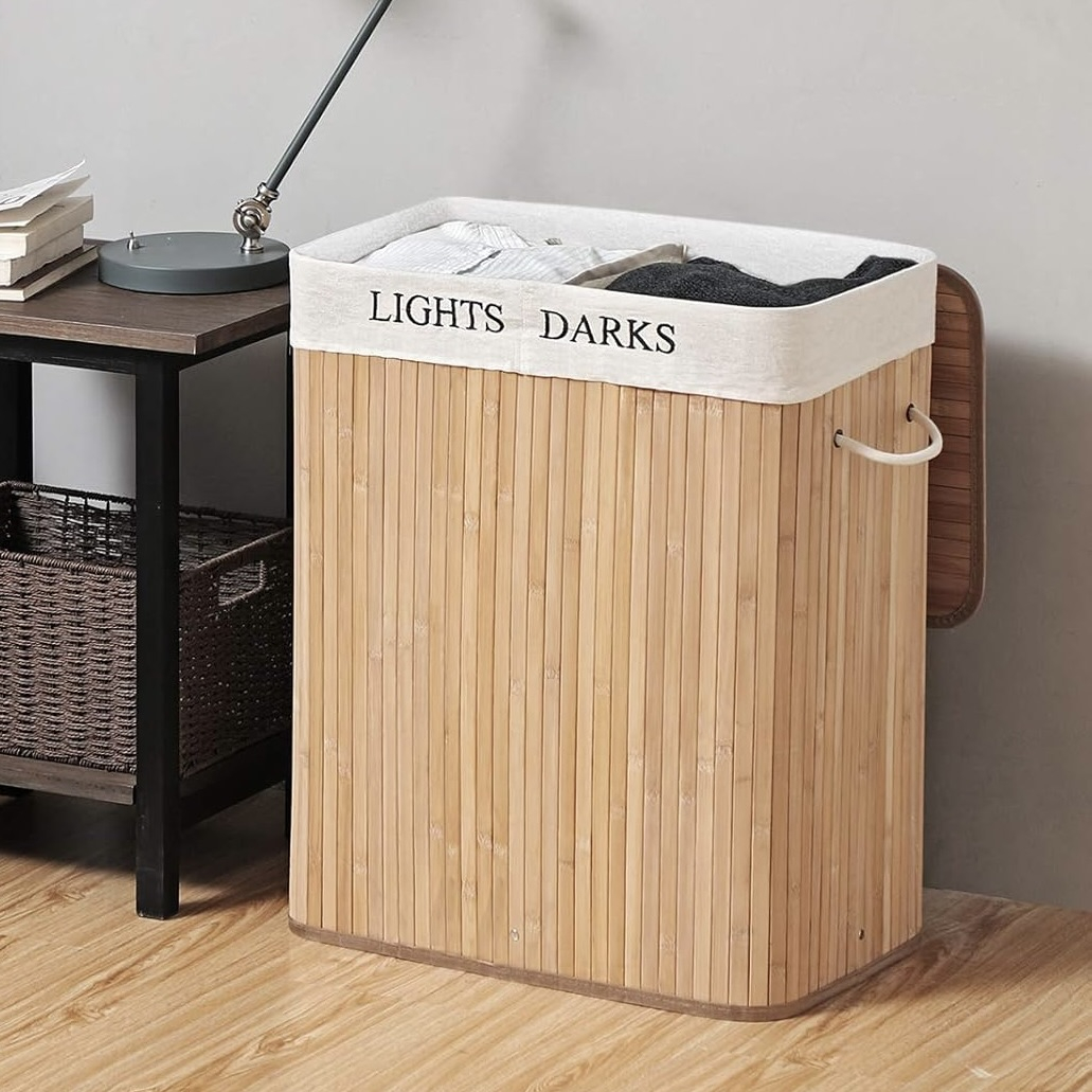 90L Double-Compartment Laundry Basket with Lid