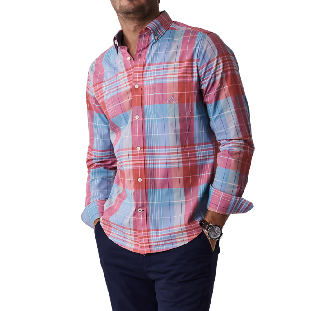 Men's Petrol True Red Check Long Sleeve Woven Shirt