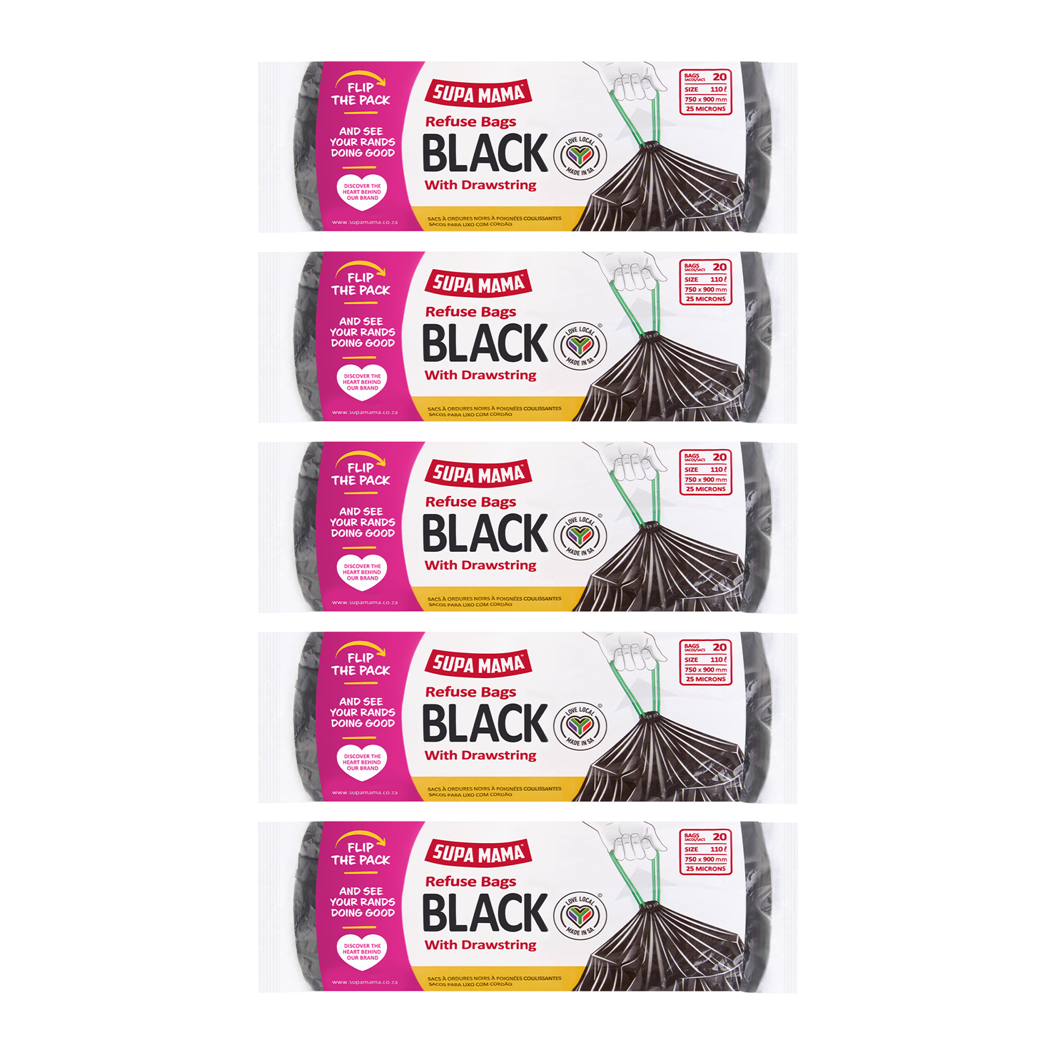 5x 20's Black Drawstring Refuse Bags