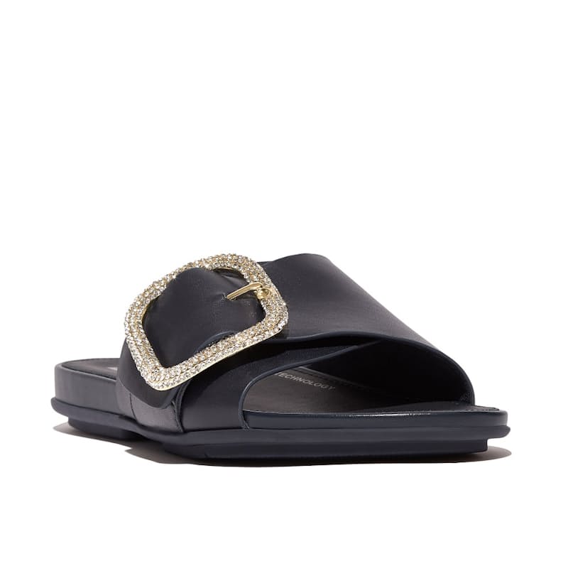 Gracie Crystal Buckle Pool Slide Leather Midnight Navy