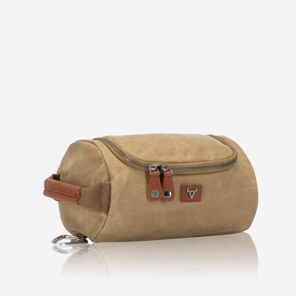 Genuine Leather & Canvas Khaki Washbag