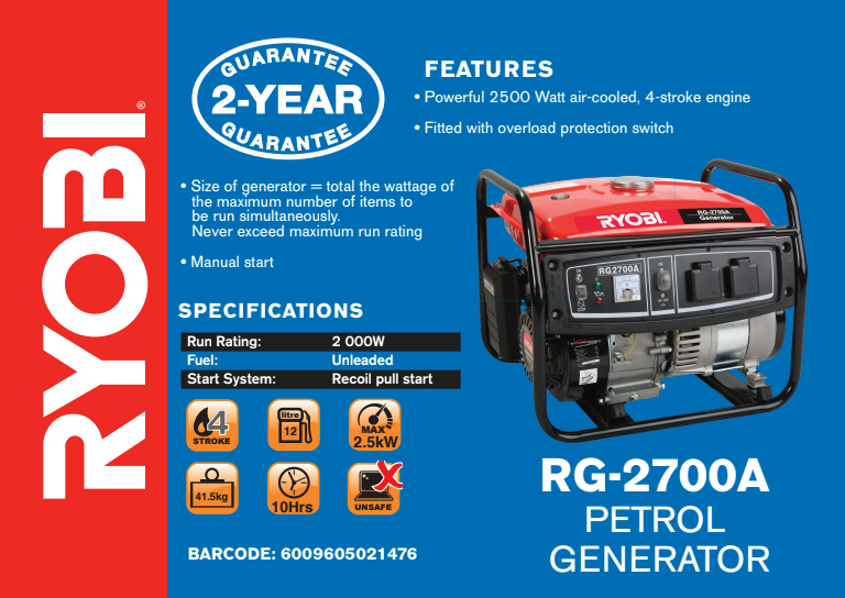 RYOBI EC10 ポータブル発電機 22% off on 4-Stroke Pull-Start Petrol Generator | OneDayOnly