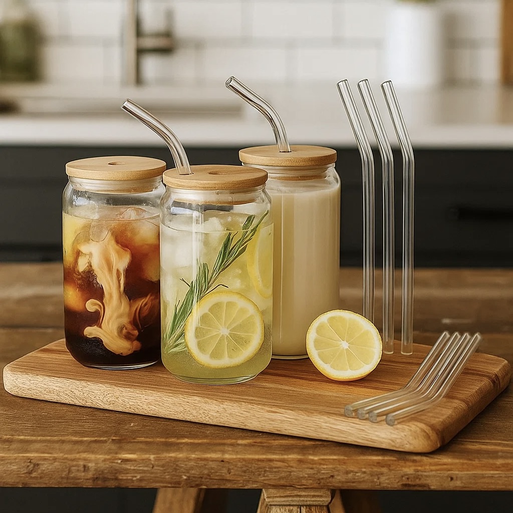 4x 480ml Can-Shaped Glasses with Bamboo Lid and Glass Straw