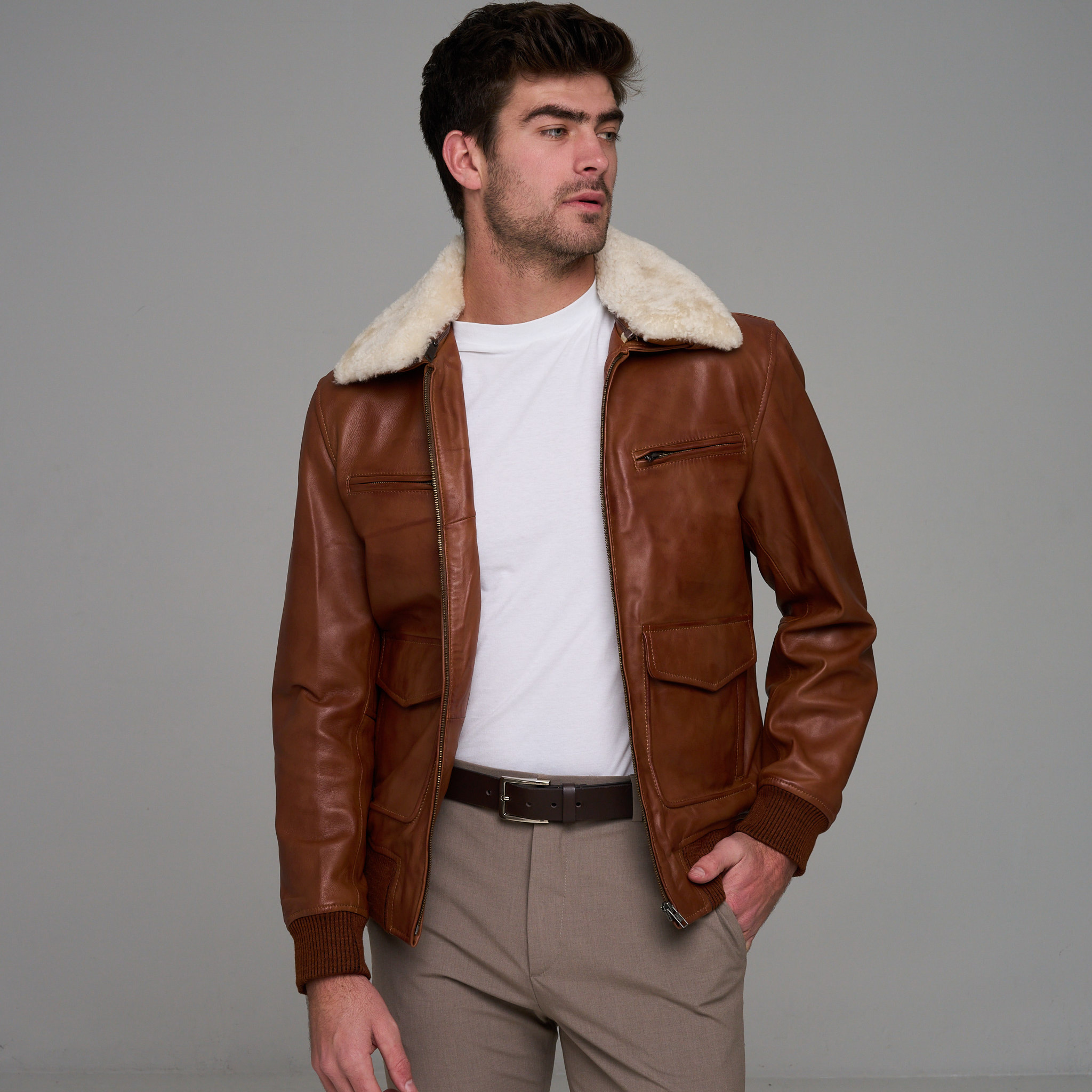 Men's Genuine Leather Fur Collar Brown Bomber Jacket