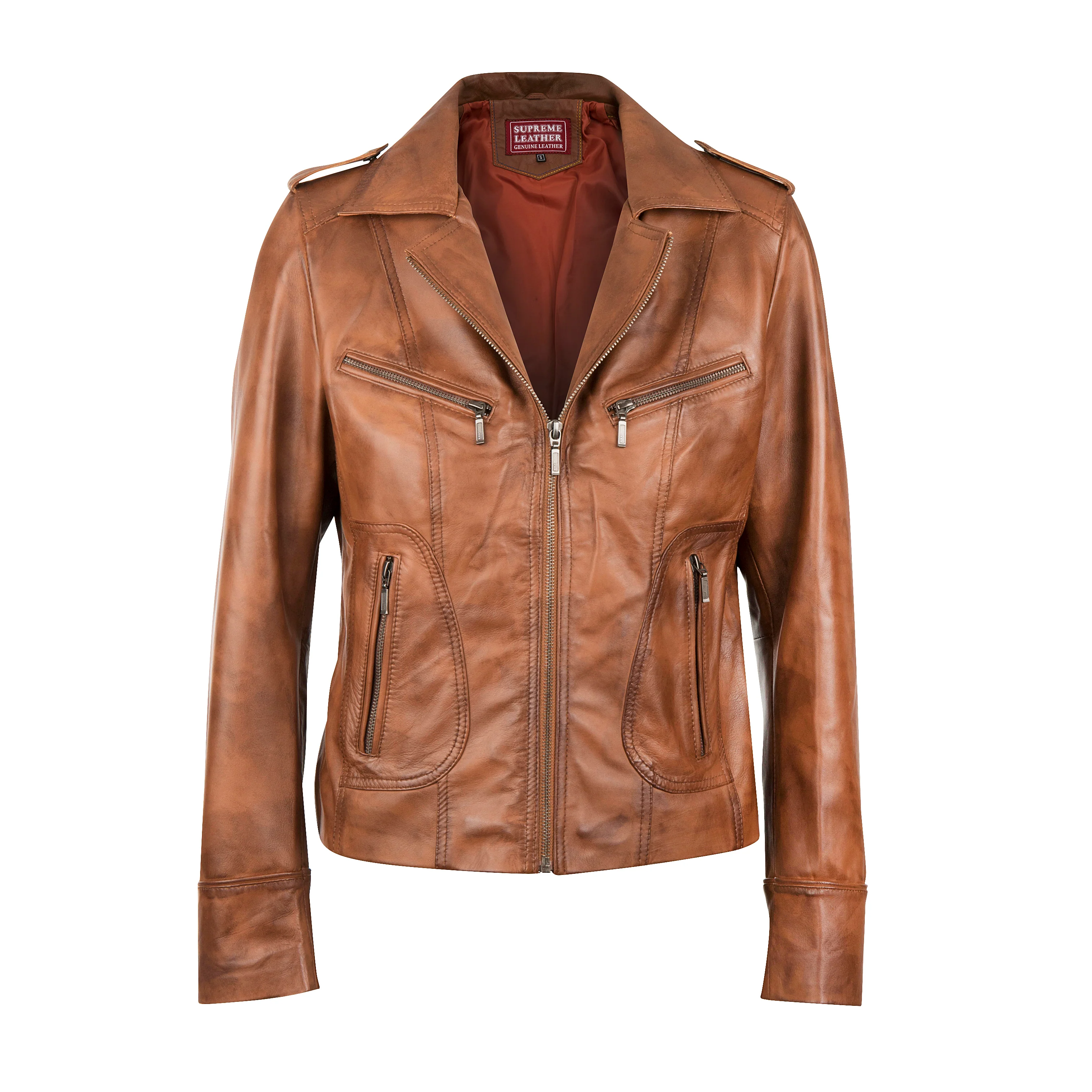 Ladies Genuine Leather Waxed-Brown Zipped Jacket