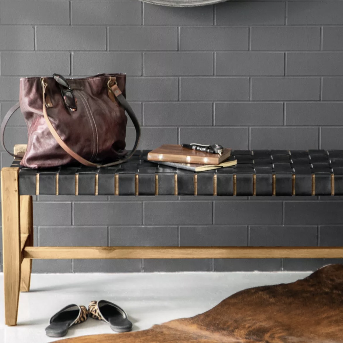 Teakwood and Leather Bench
