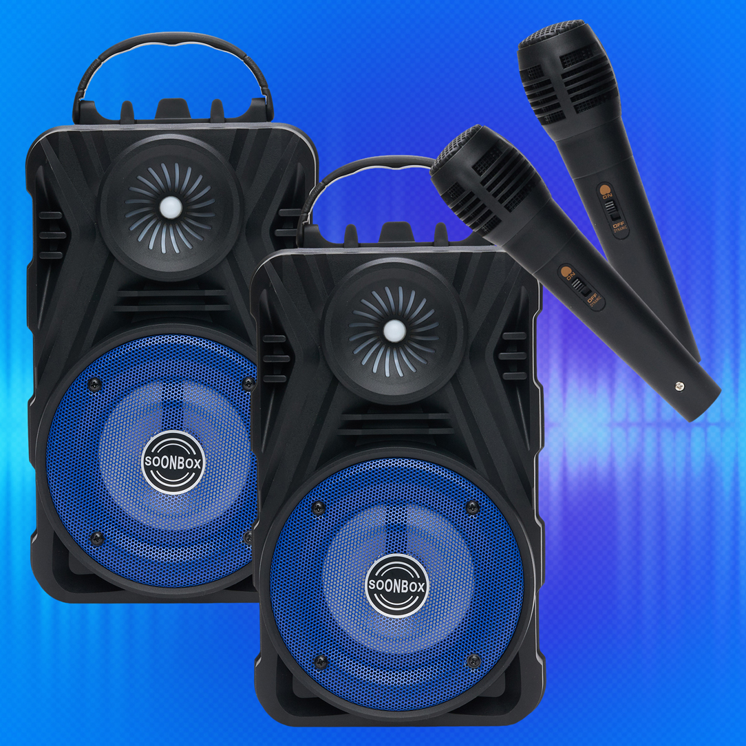 2x Wireless Speakers with Mics and Phone Stand