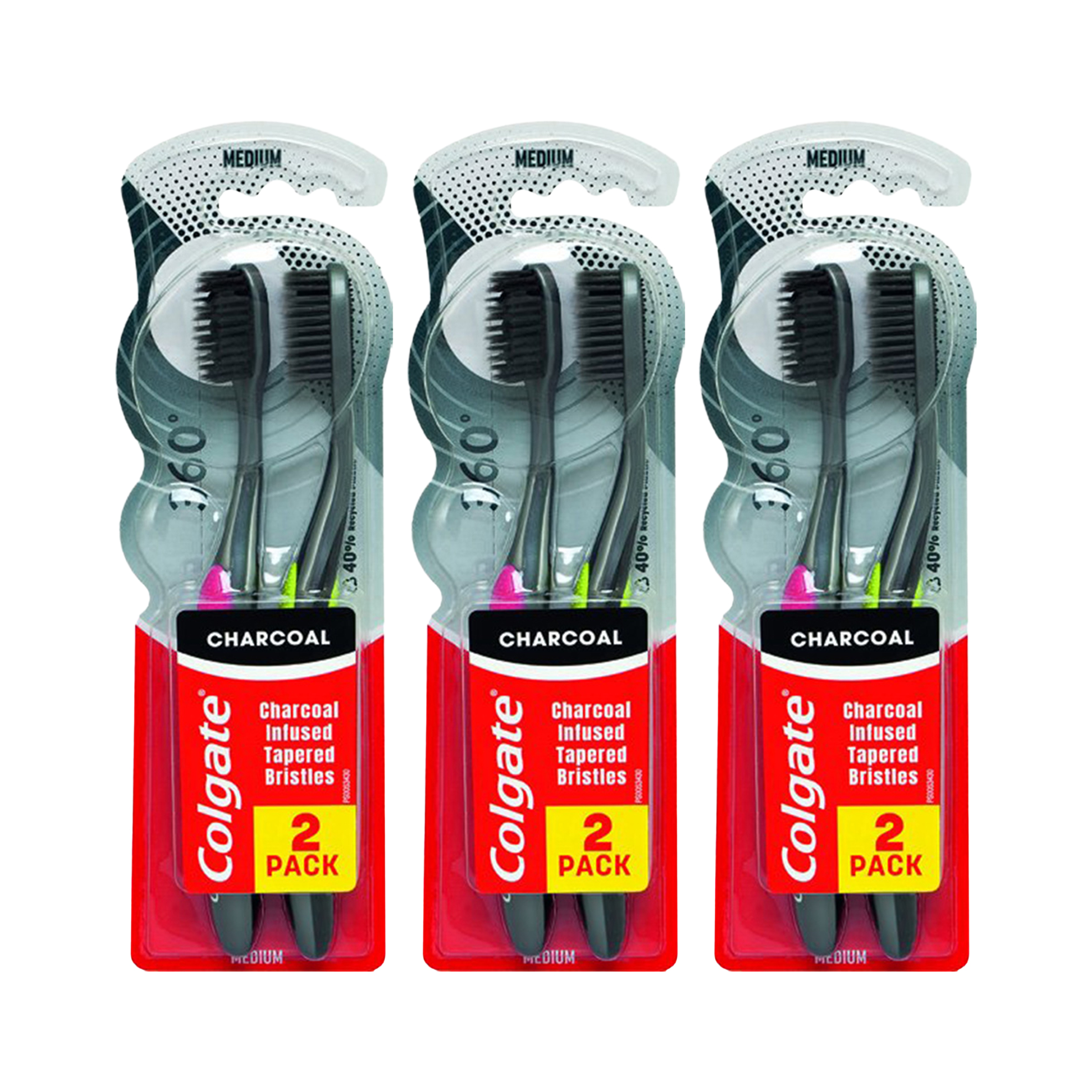 3x 2's 360° Charcoal Medium Toothbrushes