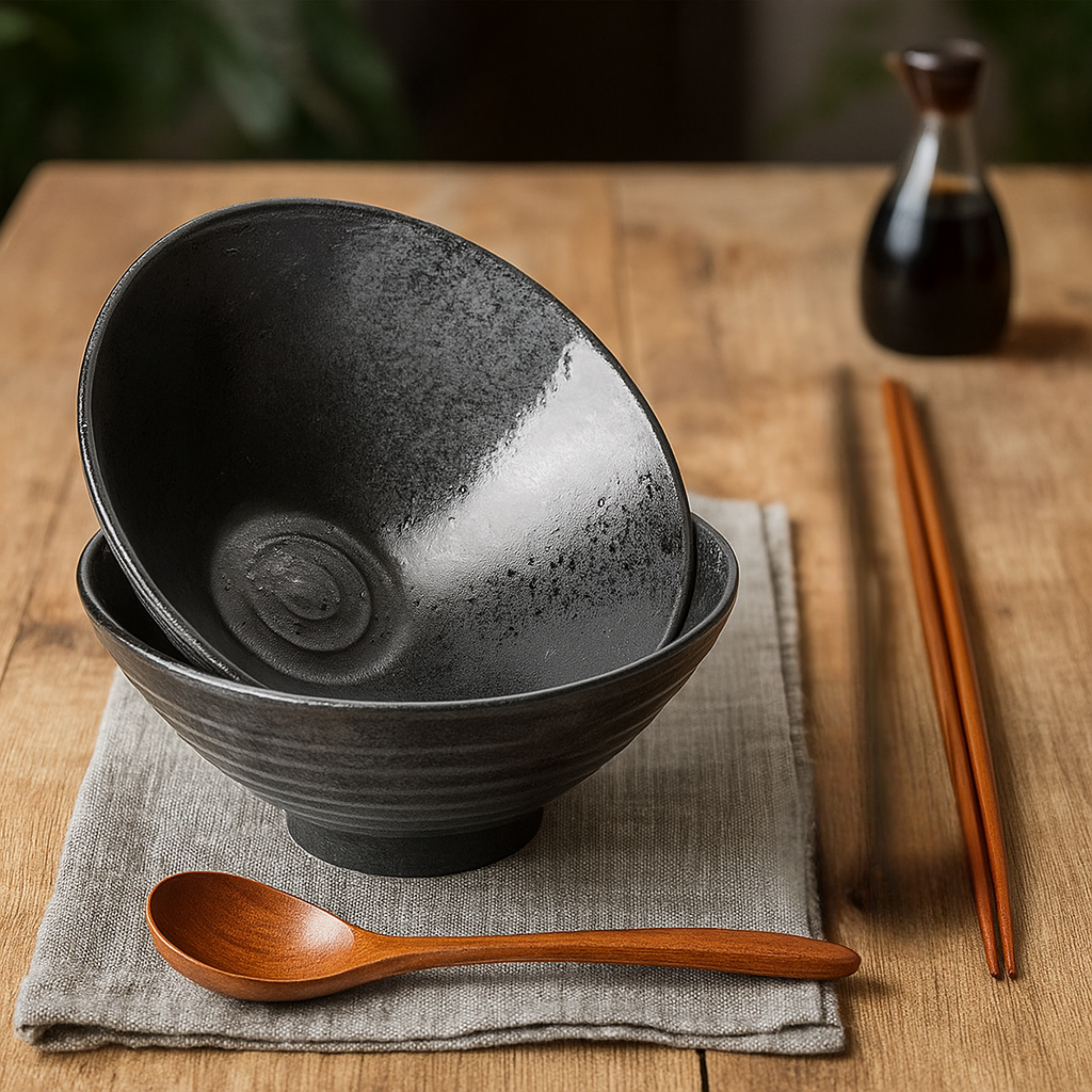 2x Heat-Resistant Ceramic Ramen Bowls with Wooden Cutlery