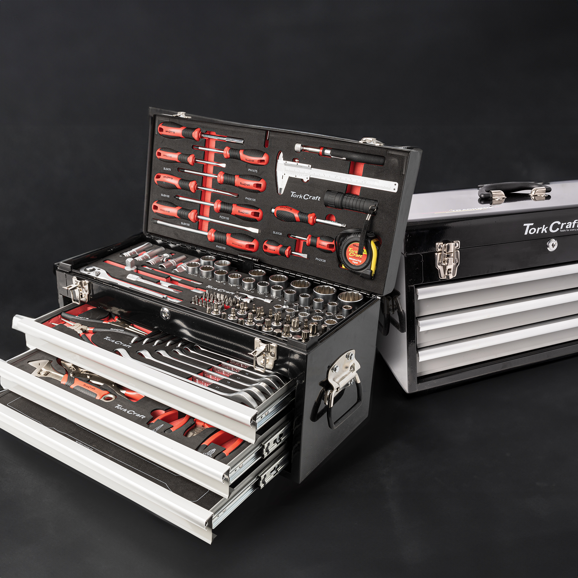 154-Piece Lockable 3 Drawer & Top Tray Tool Box (Model: TCTB154)
