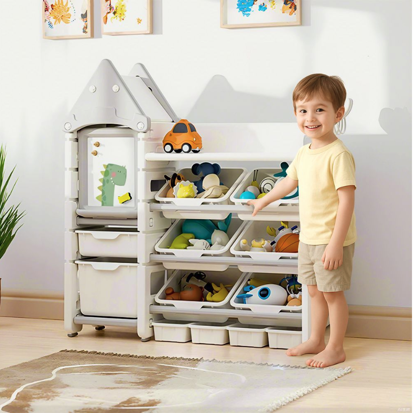 4-Tier Kid's Toy Storage Cabinet with Built-in Drawing Board