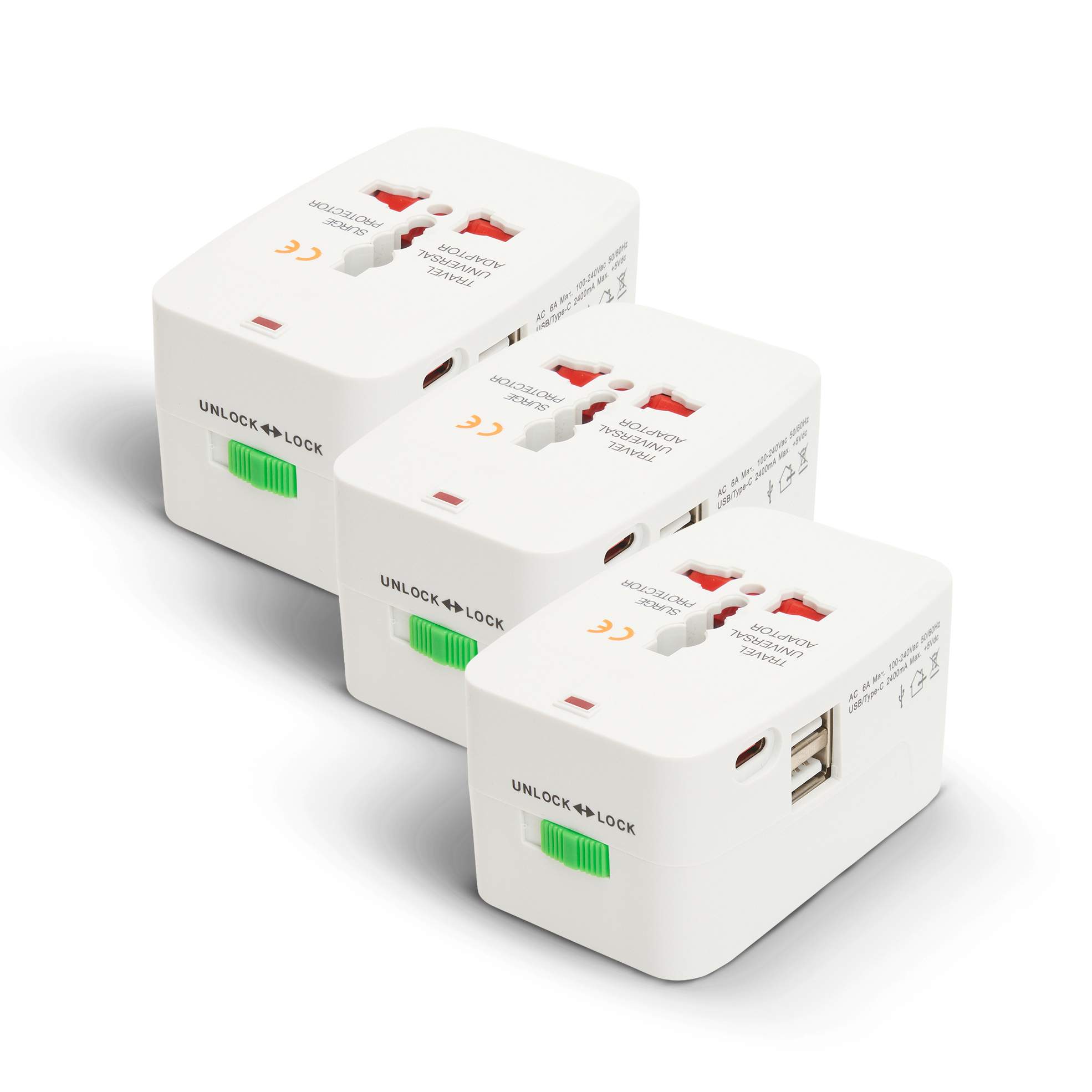 3x 2400mA USB Type-C Universal Travel Adapters