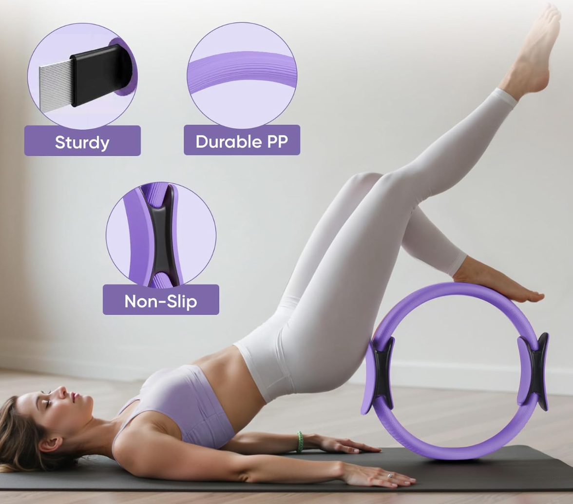 Kit Pilates 5 Pièces – Anneau Double Poignée, Ballon, Bande élastique, Ceinture Et Tapis – Fitness à Domicile Ou En Voyage