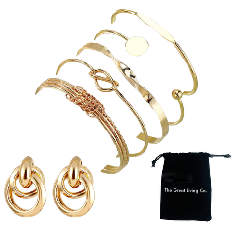 Stackable Gold Bangles and Earrings Gift Set with Luxury Bag