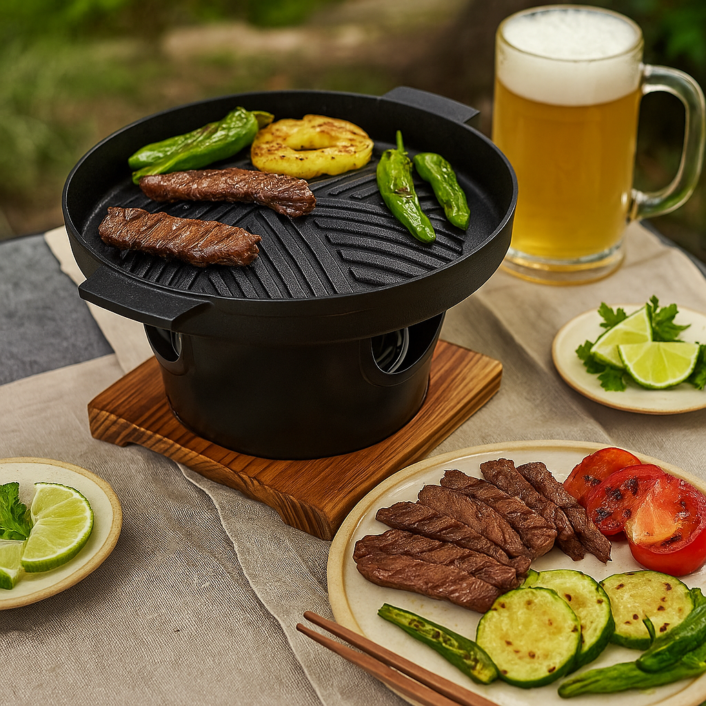 Portable Hibachi Charcoal Grill with Wooden Base