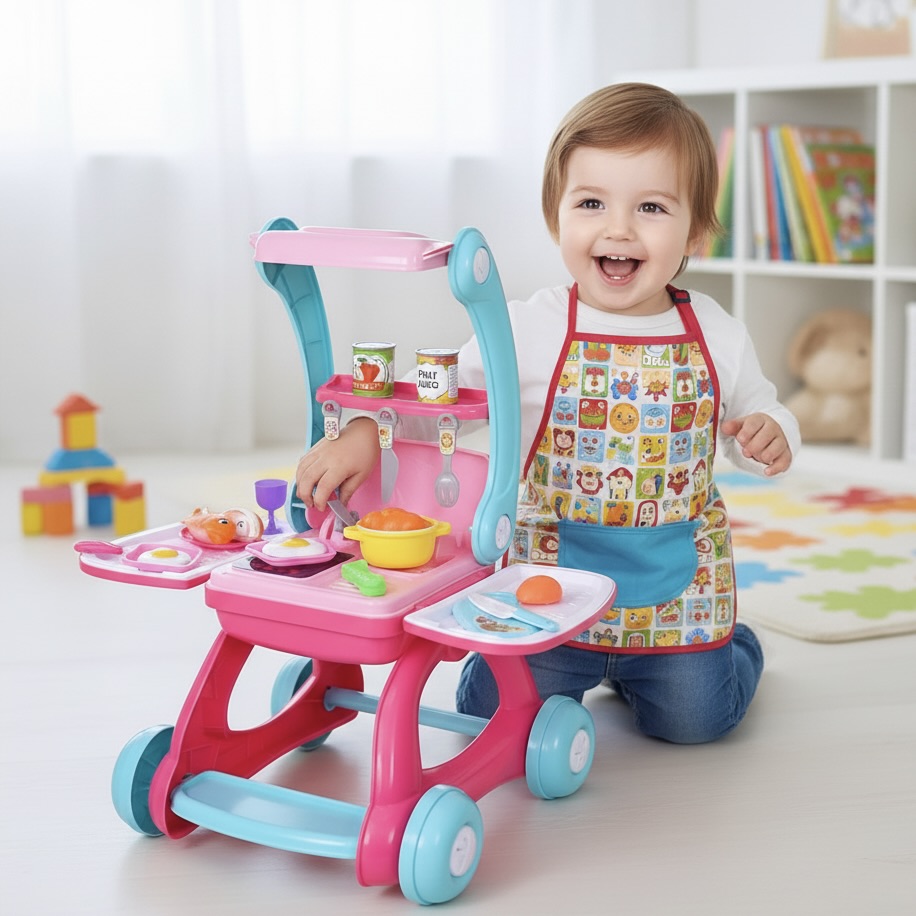 2-in-1 Pretend Play Kitchen and Shopping Cart with Light and Sound
