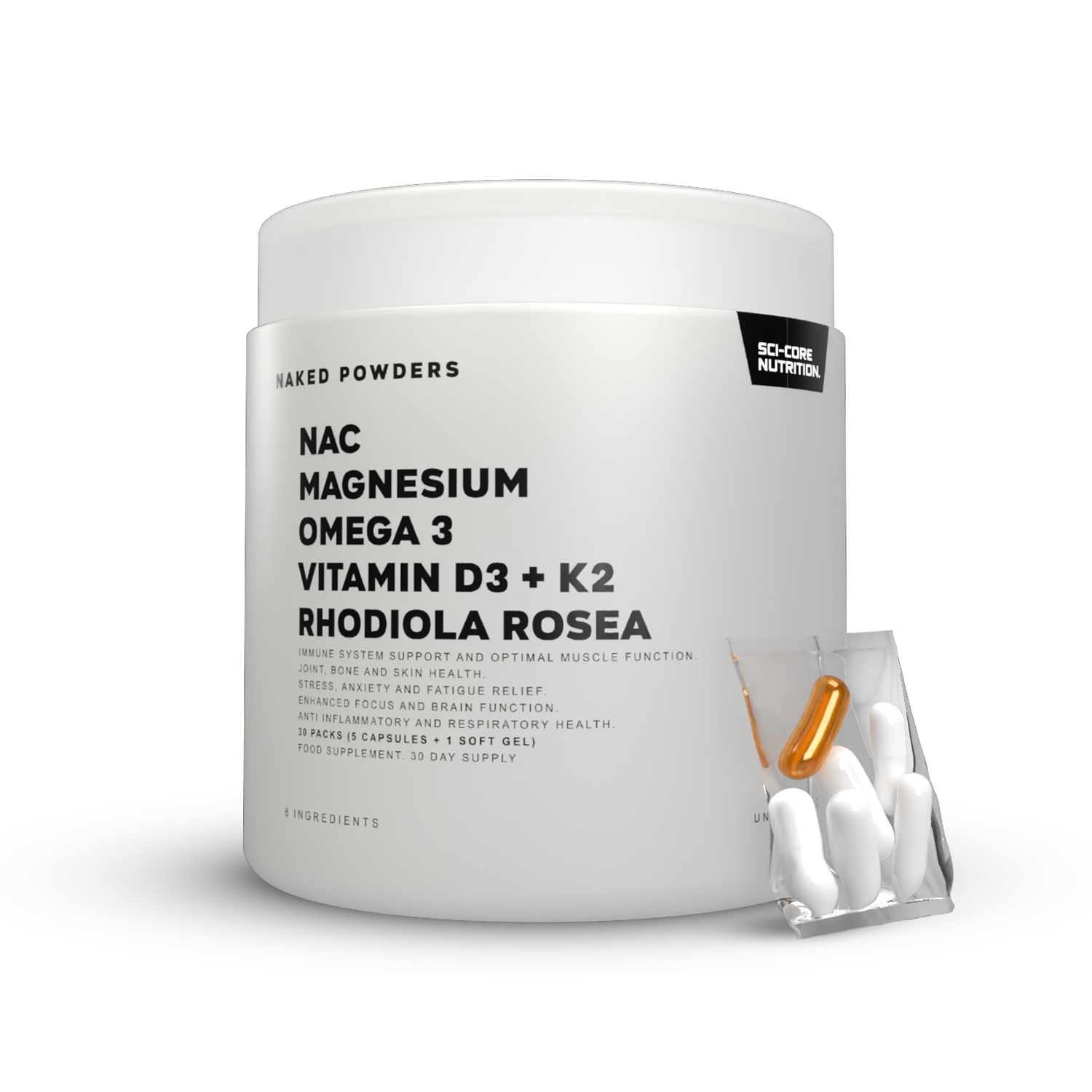 NAC, Magnesium, Omega 3, Vit D3 + K2, Rhodiola Rosea Packs (30's)