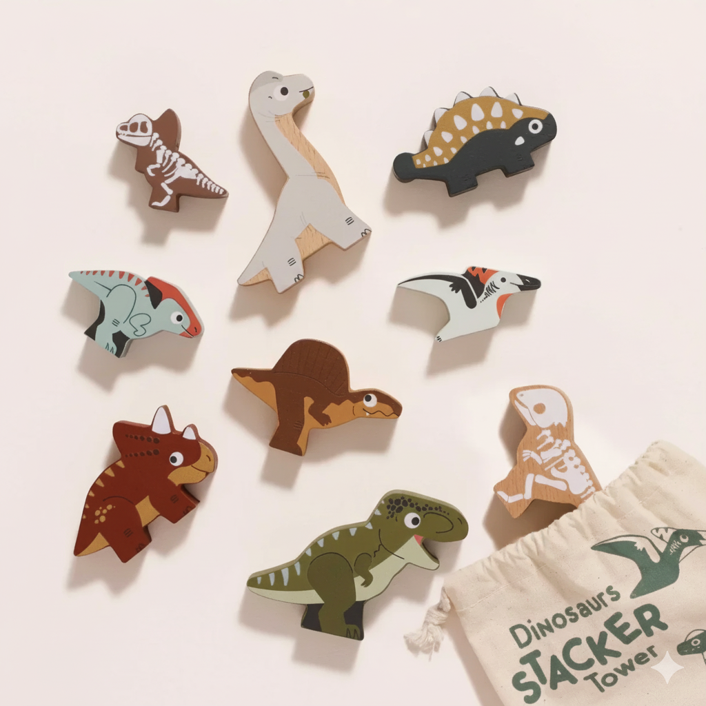 10-Piece Wooden Jurassic Stacking Dinosaurs and Bag