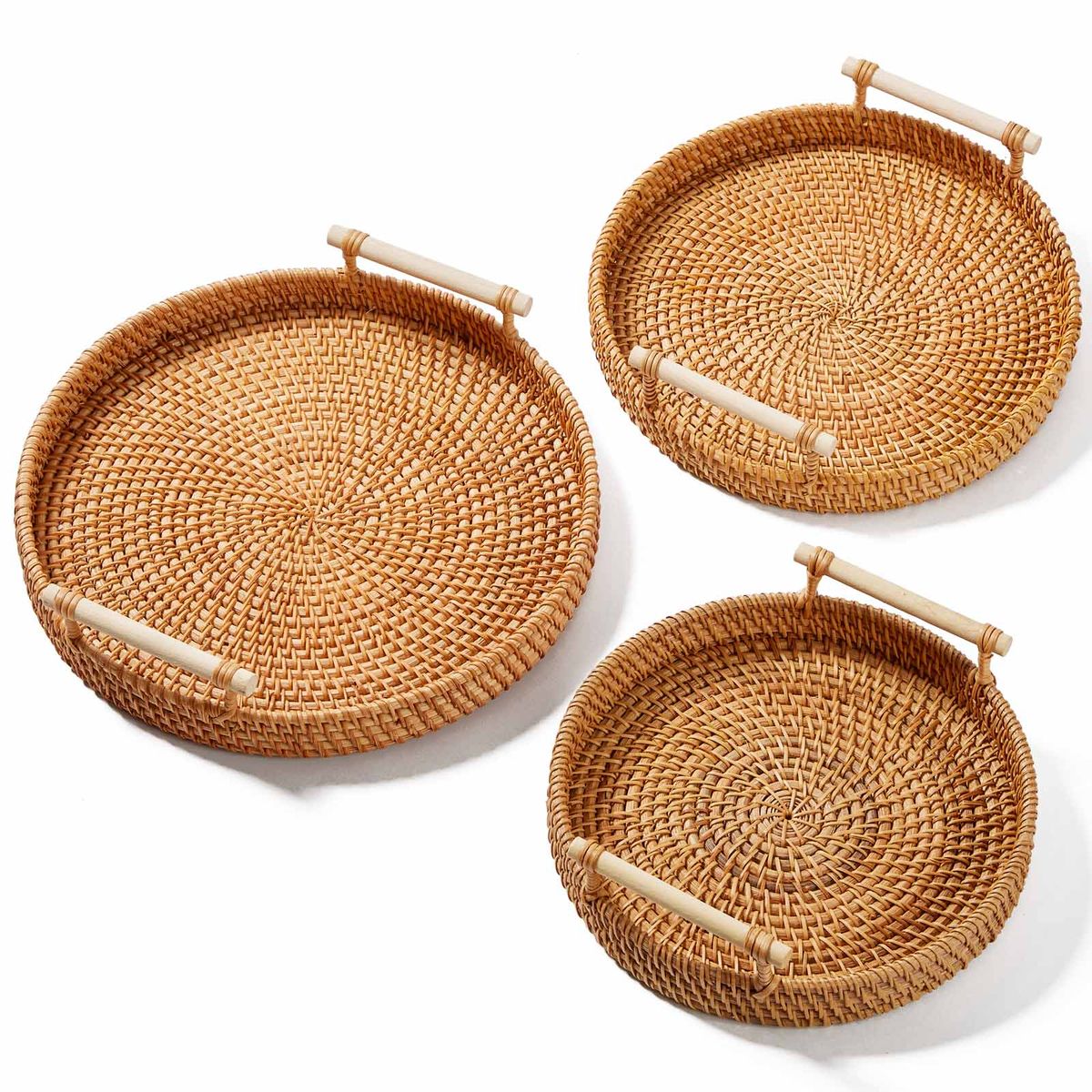 3-Piece Handwoven Rattan Tray Set with Handles