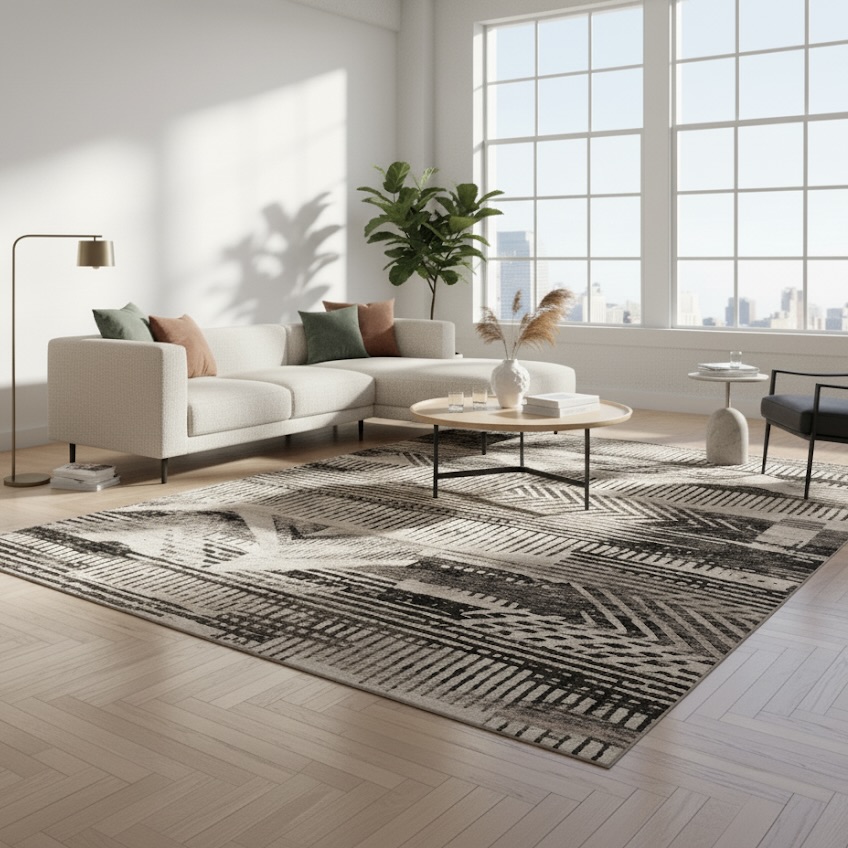 Crescent Arrow Abstract Grey Rug