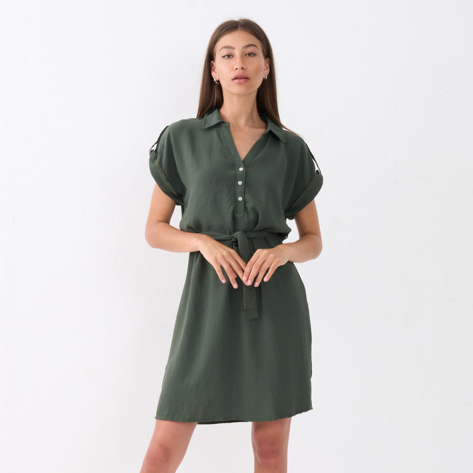 Ladies Short Sleeve Dress with Fabric Belt