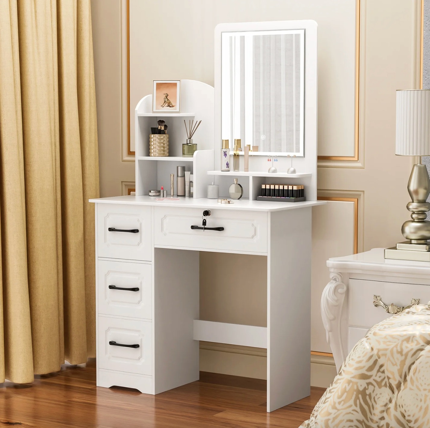 Modern Vanity Dressing Table with Mirror, LED Lights and Chair