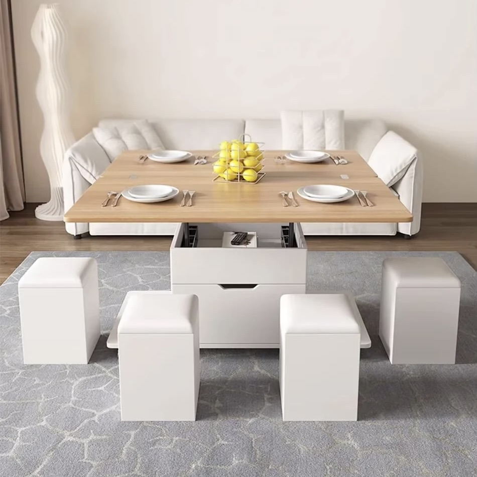 Multi-Functional Convertible Coffee and Dining Table with 4 Stools