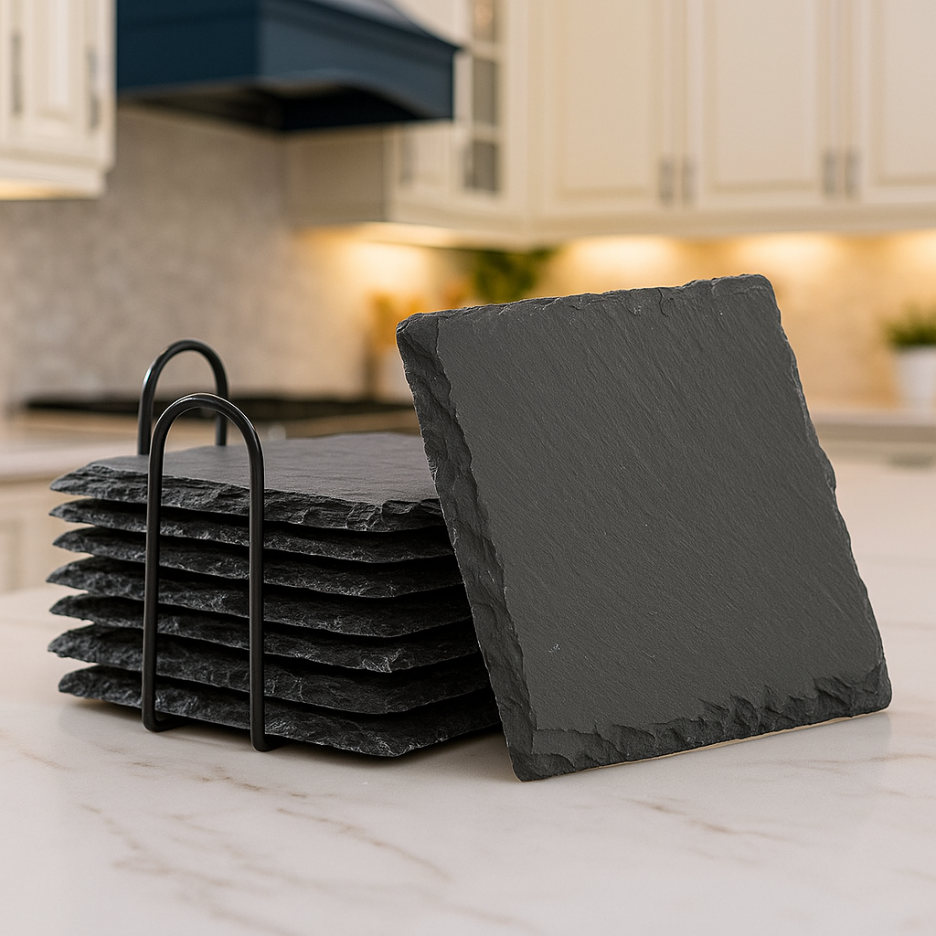 8-Piece Slate Drink Coasters with Metal Holder