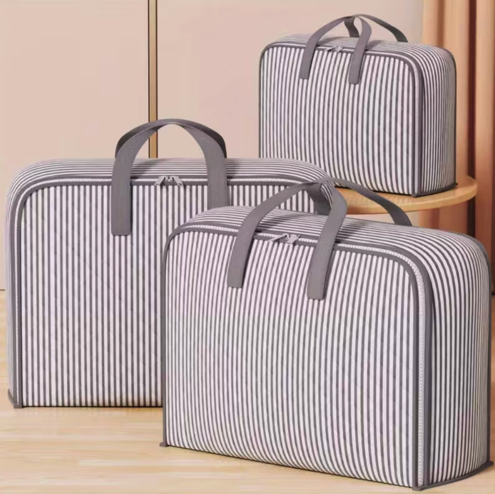3x Striped Non-Woven Storage Bags with Handles