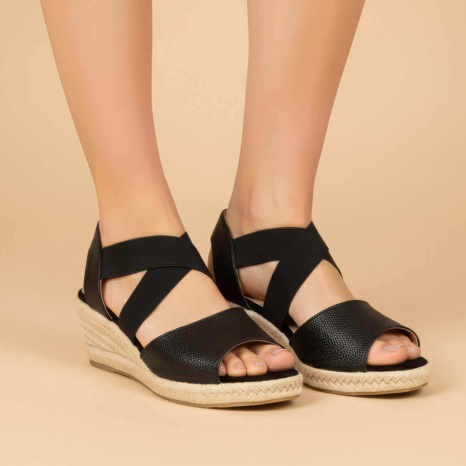 Ladies Elastic Open Toe Wedge Heels