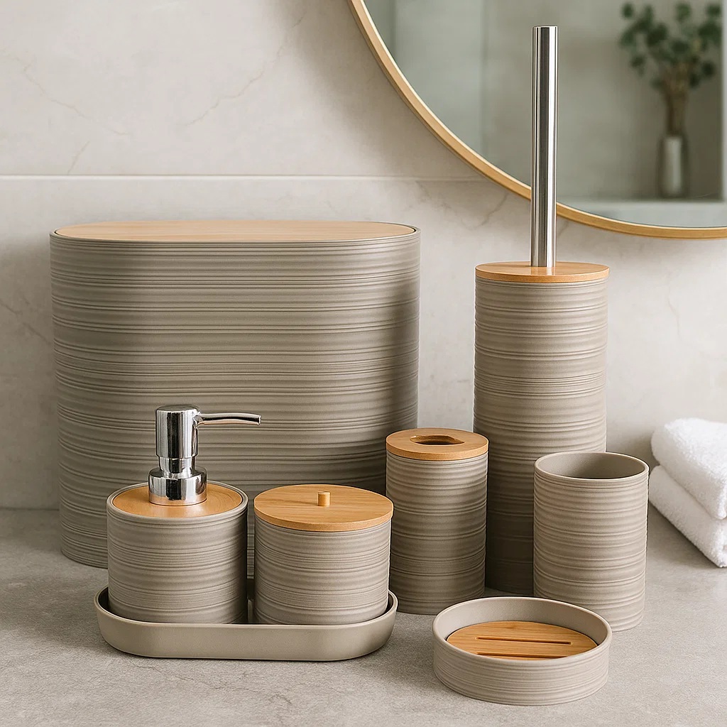 8-Piece Bathroom Accessory Set with Bamboo Lids