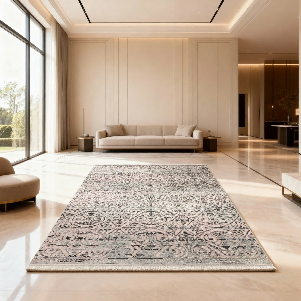 Distressed Abstract Damask Rug