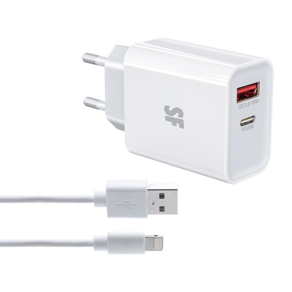 38W Dual-Port Wall Charger with USB-A to Lightning Cable