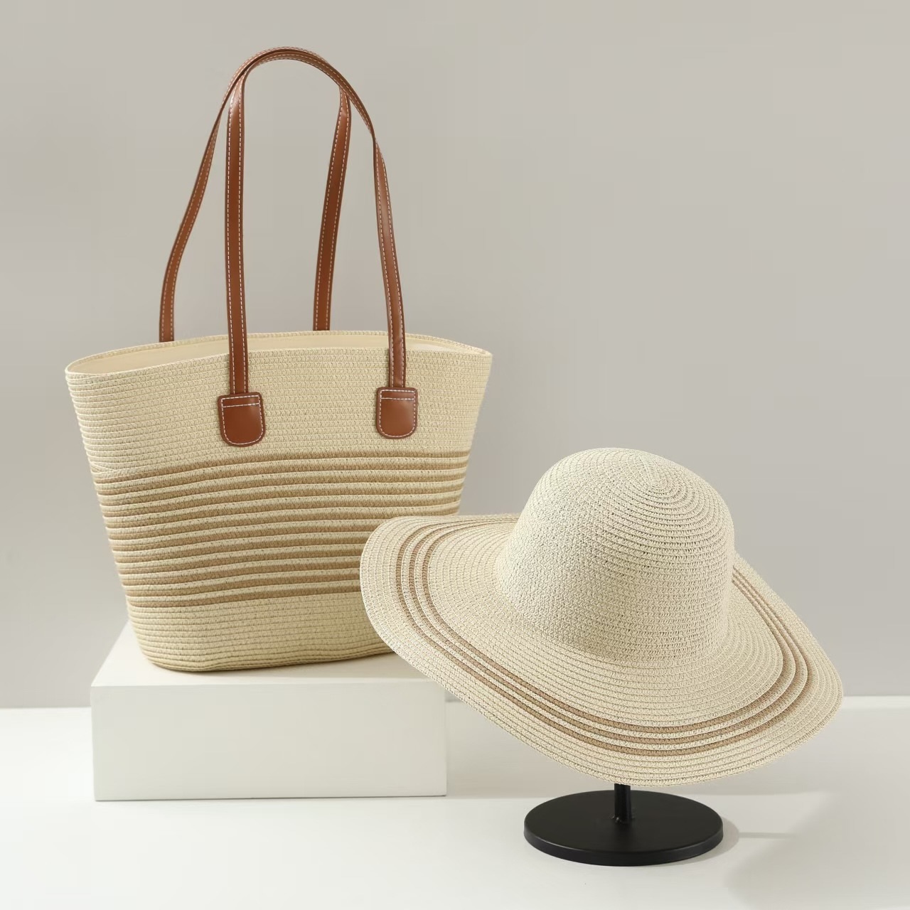 Straw Tote Bag and Hat Set