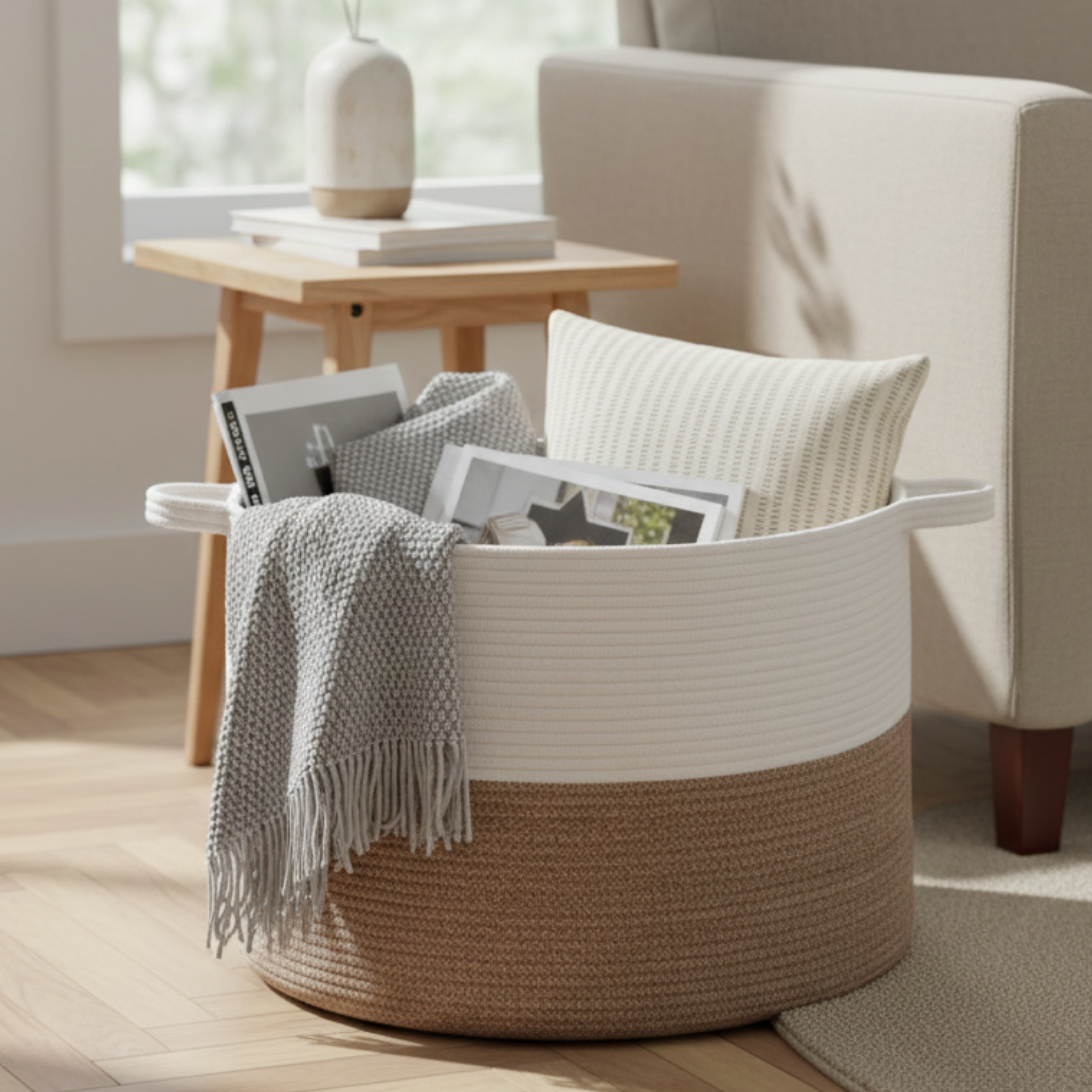 90L Multifunctional Woven Cotton Basket with Handles