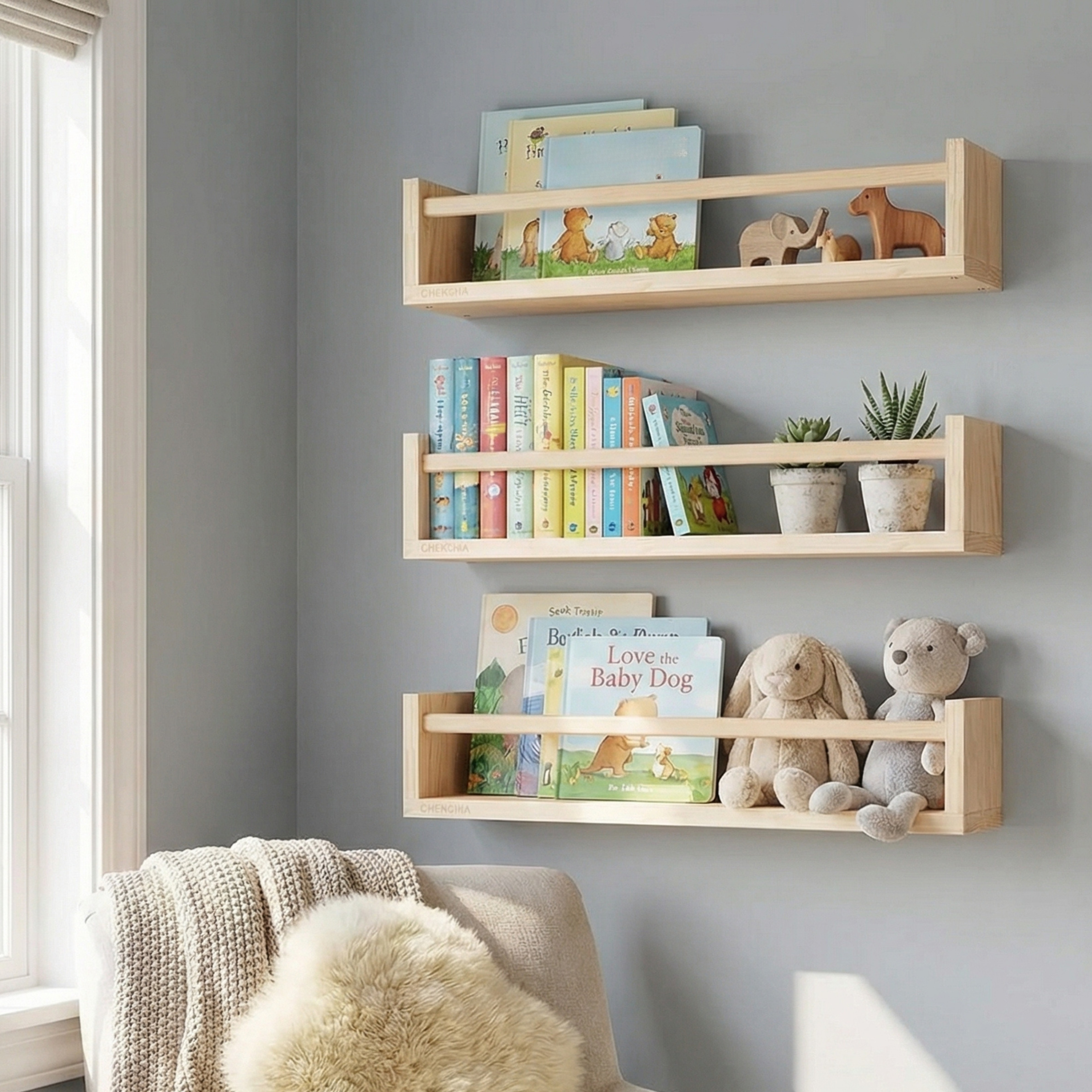 3-Piece Natural Wood Floating Bookshelves