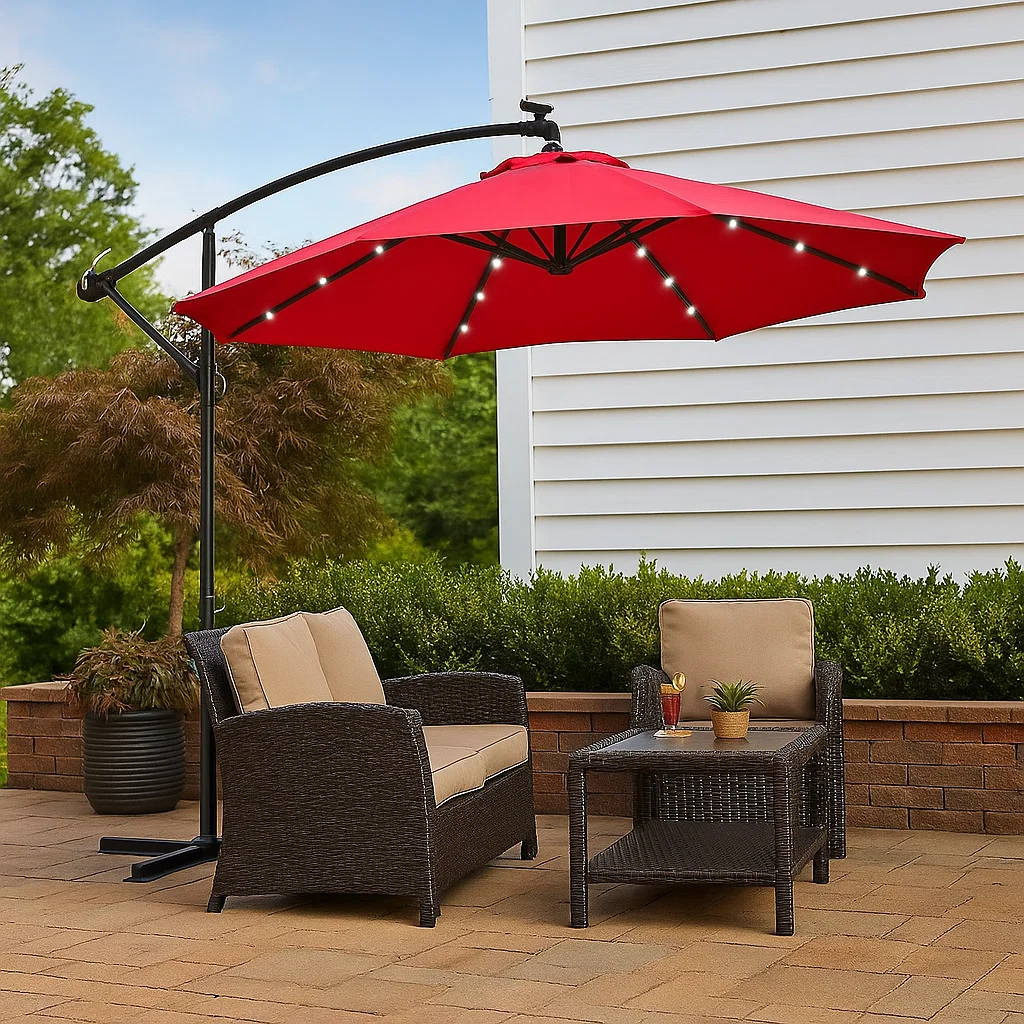 3m Solar-Powered LED Patio Umbrella with Cross Base