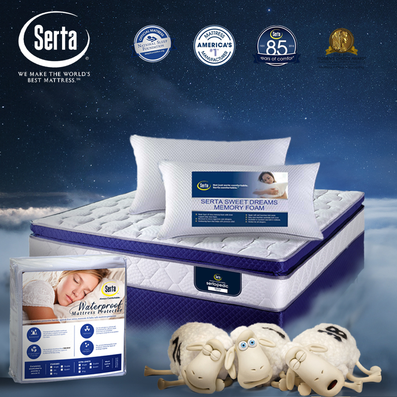 SertaPedic Bella PowerCoil Technology Pillow Top Flip Free Mattress or Bed Set with 2 High Density Memory Foam Pillows and a Waterproof Mattress Protector Included