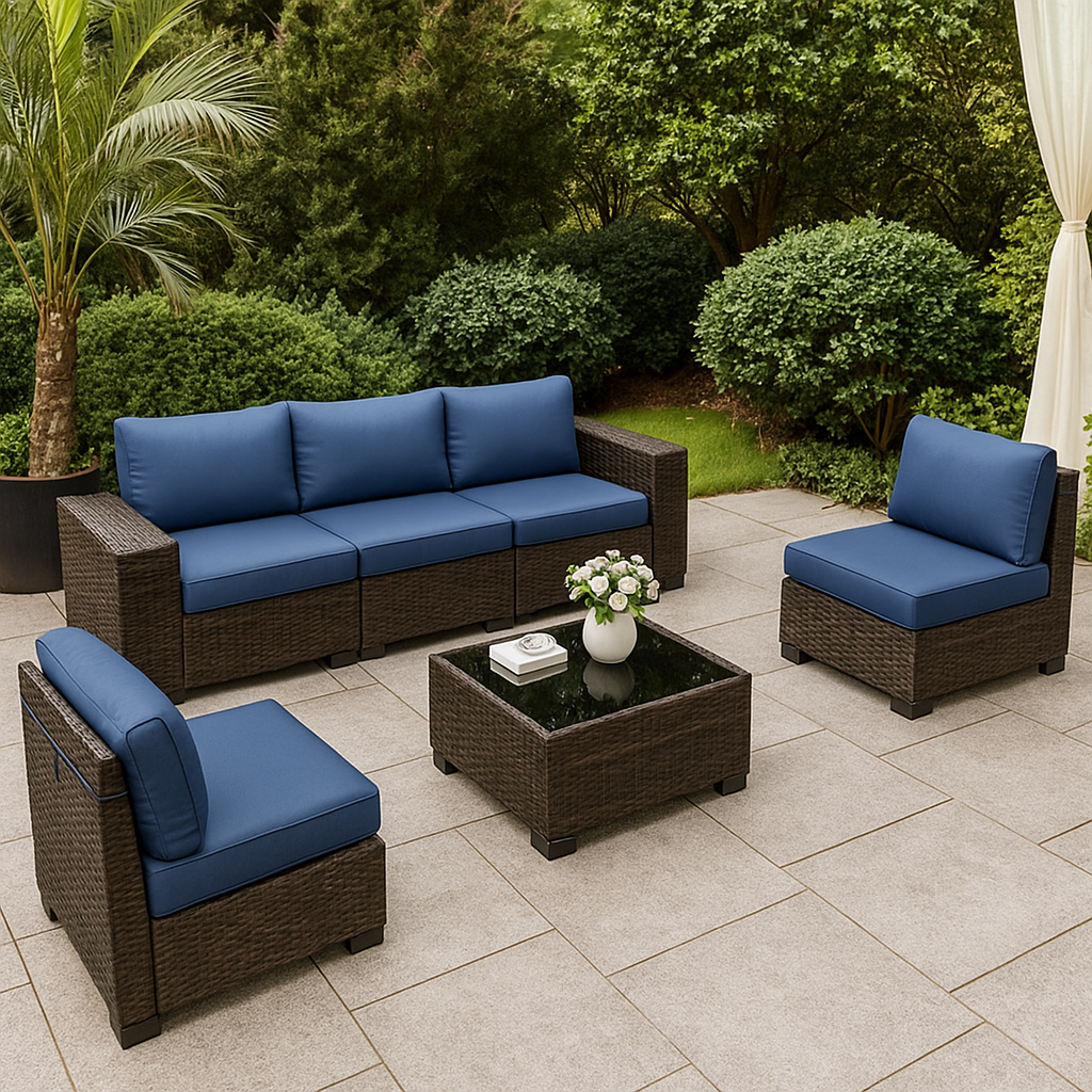 6-Piece Modular PE Rattan Patio Furniture Set with Cover